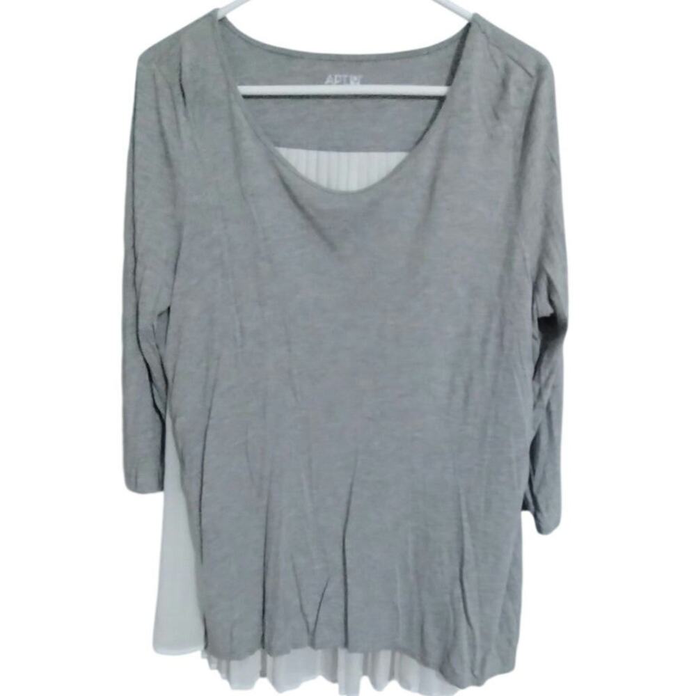 Apt. 9 Womens Top XL Heather Gray Mixed Media Pleated Chiffon Back Long Sleeve